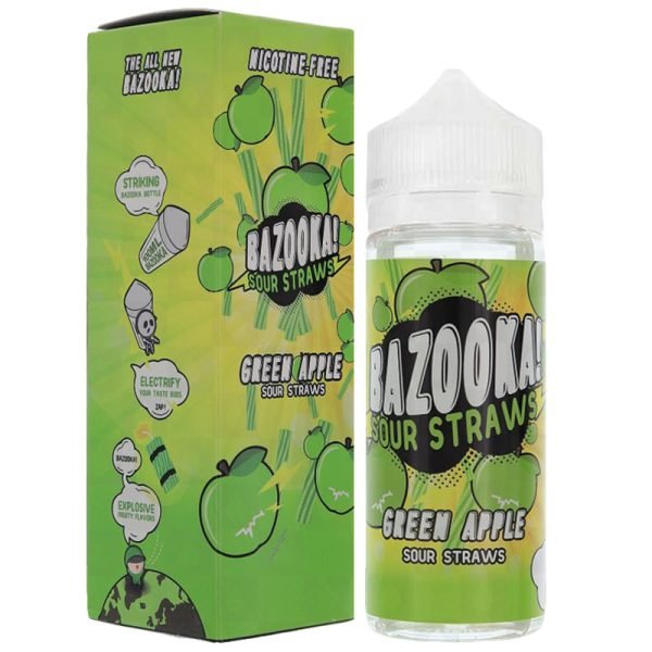 green apple 100ml eliquid shortfill bottle with box by bazooka sour straws